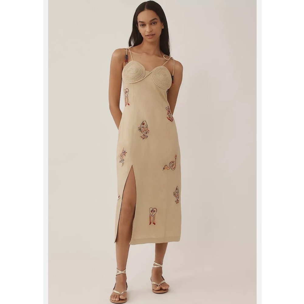 FARM Rio x Anthropologie Embroidered Beige Twisted Cups Midi Dress Size XXS NWT